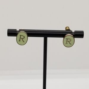 mint green R initial oval earrings